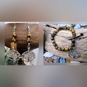 Set: Tiger eye earring and bracelet set/ silver tree of life charms